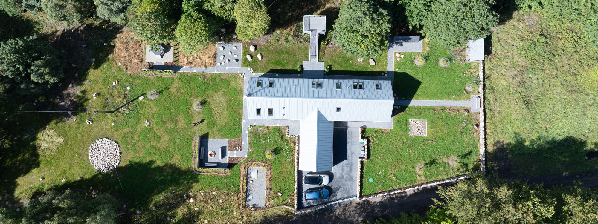 Ariel drone view of the luxury eco lodge Larch House in the Scottish Cairngorms