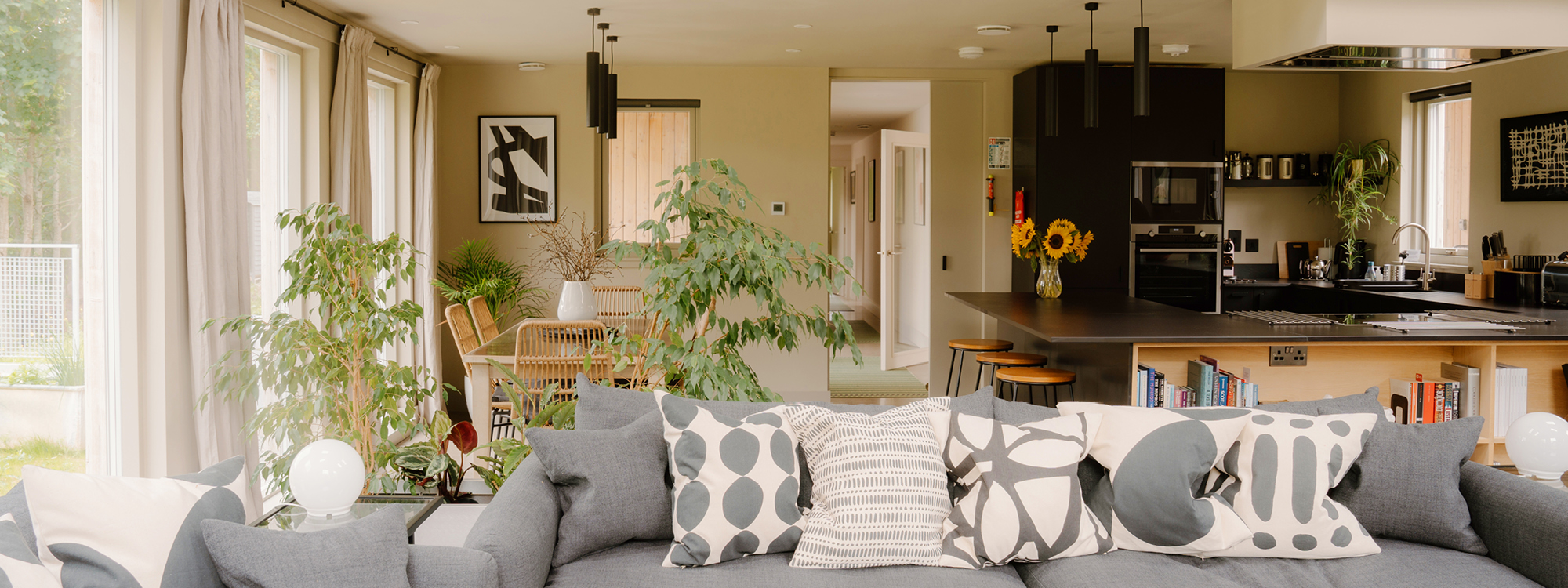 larch house open plan living room kitchen and dining